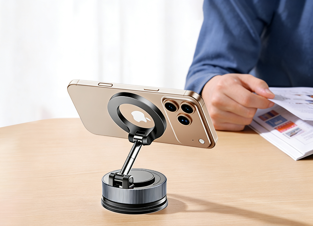 Magnetisk mobilholder med sugefot – justerbar, for skrivebord, kjøkken og bil, sort