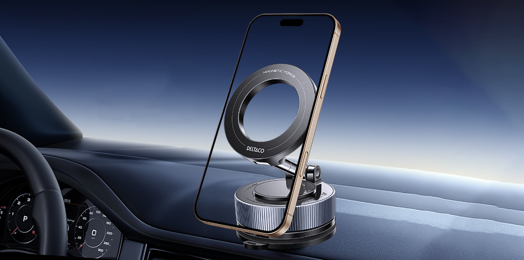 Magnetisk mobilholder med sugefot – justerbar, for skrivebord, kjøkken og bil, sort